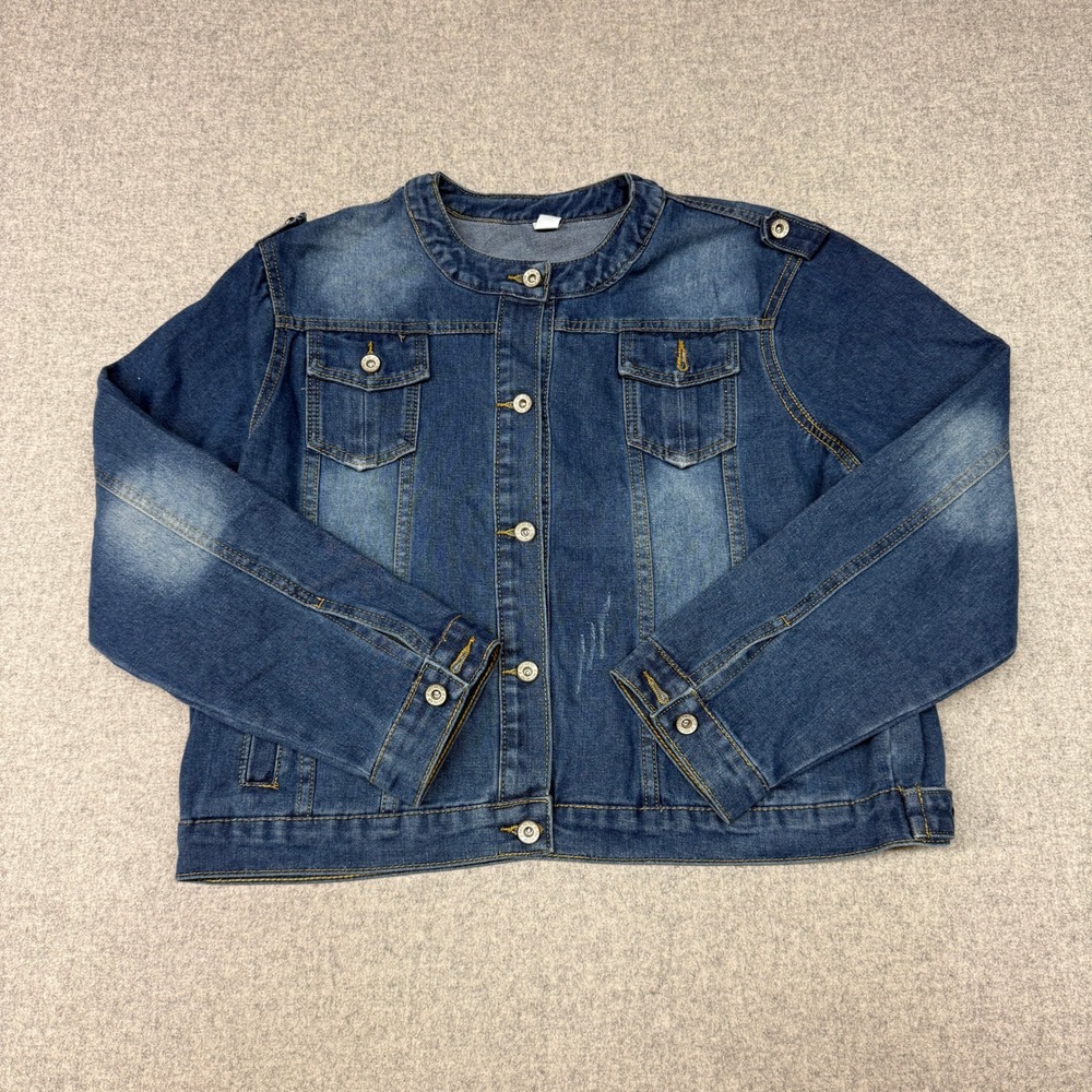 Jeans Denim Jacket 6XL Blue Collarless Epaulette Button Front Distressed Utility